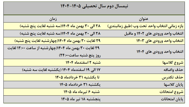 تقویم آموزشی نیمسال دوم 1404